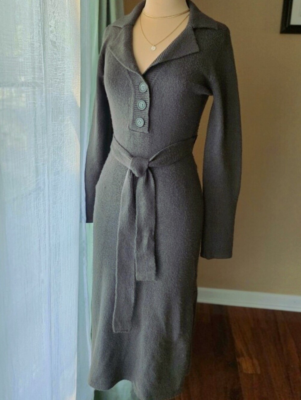 Nicole Miller Midi Sweater Dress Olive Green Collared Knit Long Sleeve Belted XS
